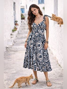 Forever That Girl Flounced Flora Navy Off White Floral Tie Strap Midi Dress SP